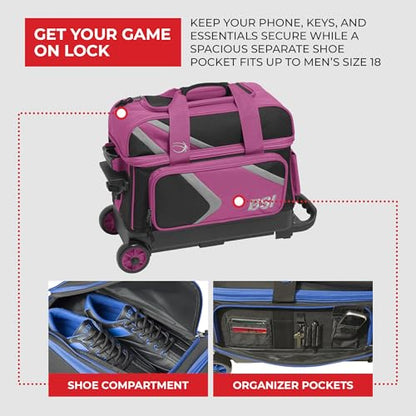 BSI Dash Roller Bowling Bag with Smooth Rolling Wheels, Padded Ball Compartment, Retractable Locking Handle, & Shoe Pocket - color: Black/Pink/Gray, style: Double