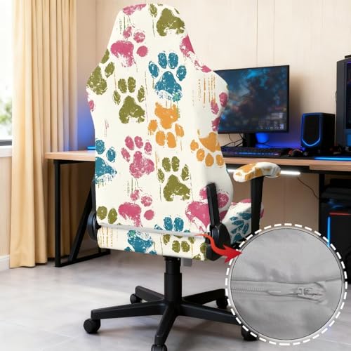 Dog Paw Print Gaming Chair Covers Slipcovers Skin Friendly Breathable Elastic Computer Desk Chair Cover with Armrest Covers for Ergonomic Game Rotating Office Chairs - color: Beige and Multi - Dog Paw