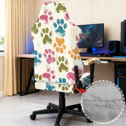 Dog Paw Print Gaming Chair Covers Slipcovers Skin Friendly Breathable Elastic Computer Desk Chair Cover with Armrest Covers for Ergonomic Game Rotating Office Chairs - color: Beige and Multi - Dog Paw