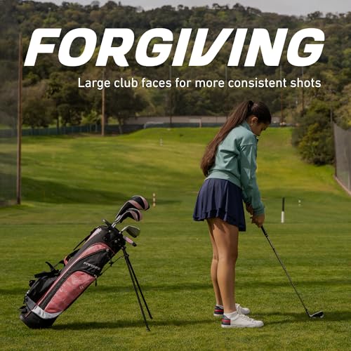 Precise XD-J Kids Golf Clubs Set – Boys’ & Girls’ Junior Golf Set with Lightweight Graphite Shafts, Hybrid, Putter & Stand Bag - color: Pink Ages 9-12, size: Left Hand