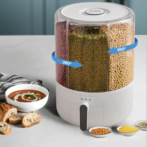 Grain and Rice Storage Container, 6 Grid Grain Dispenser, 360° Rotating 25lb Large Food Dispenser, Rice Dispenser Upgrade 6 Compartment Rotating, Airtight Storage White - size: PRO-L