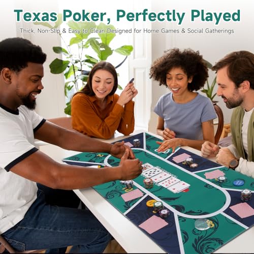 Poker Mat for 10 Players, 47x24 Inch Texas Hold’em Poker Table Mat with Non-Slip Rubber Backing, Waterproof Table Topper, Includes PE Storage Tube & Carry Bag