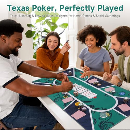 Poker Mat for 10 Players, 47x24 Inch Texas Hold’em Poker Table Mat with Non-Slip Rubber Backing, Waterproof Table Topper, Includes PE Storage Tube & Carry Bag