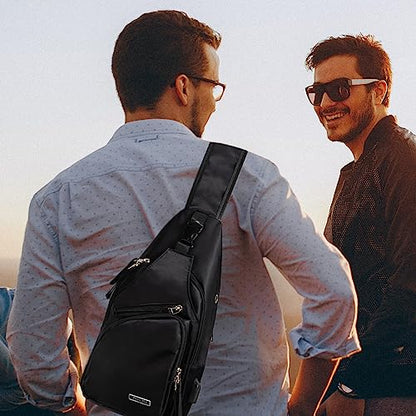 Seoky Rop Men Women Sling Backpack Nylon Water Resistant Shoulder Chest Crossbody Sling Bag with USB Charging Port - color: Black