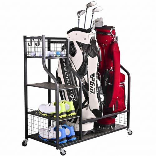 SNAIL Golf Bag Garage Storage Organizer Extra Large Size Golf Bag Rack Stand Holder Fits 2 Golf Bags and Other Golfing Equipment Accessories, Metal Black Golf Club Storage for Garage Shed and Basement - color: Black(For 2 Golf Bags)