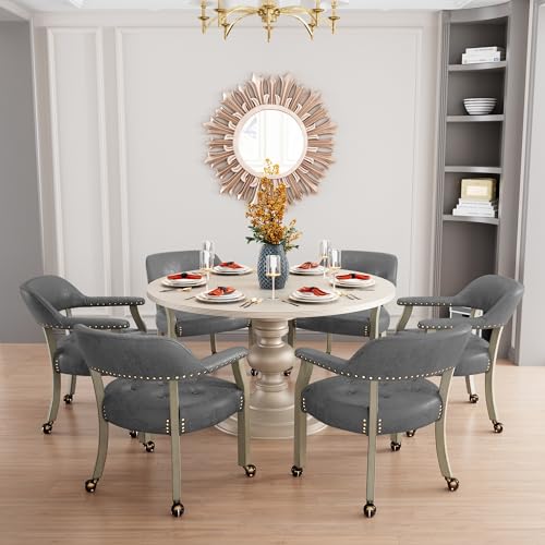 Set of 4 Dining Chair with Casters, Accent Captains Chairs with Wheels & Arms,Wheeled Roller Wood Chairs for Kitchen & Game Poker Table,Grey 1318GY(NO Table!) - color: Antique Grey&gray
