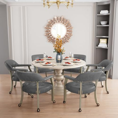 Set of 4 Dining Chair with Casters, Accent Captains Chairs with Wheels & Arms,Wheeled Roller Wood Chairs for Kitchen & Game Poker Table,Grey 1318GY(NO Table!) - color: Antique Grey&gray