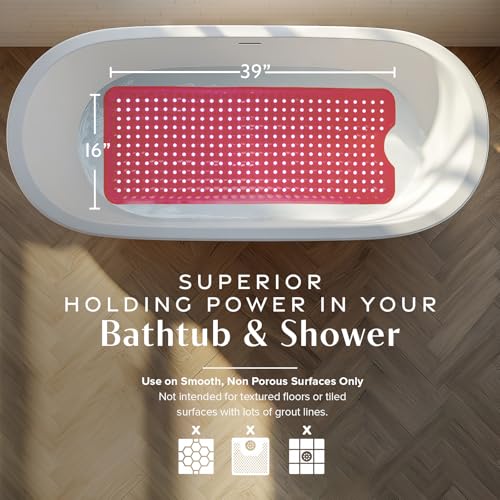 SlipX Solutions Power Grip Bathtub Safety Mat | Precision Grip Technology for Longer, Stronger, & Softer Wet Surface Protection | Clear Red 39"x16" - color: Clear Red