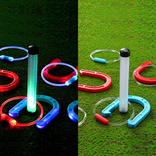 Blueweenly LED Ring Toss Game for Adults and Family, 12 Pcs, Red, Blue, Green LED Horseshoes and Hoop Rings, Outdoor Yard Games