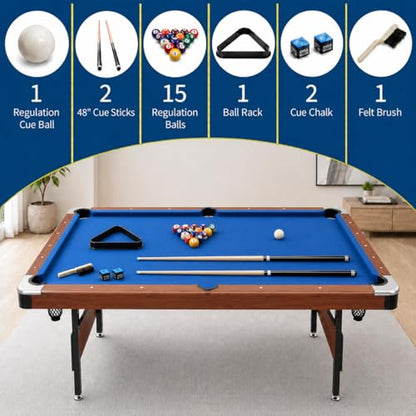 63.8 Inch Foldable Pool Table, No Assembly, Steel Folding Legs, 4-Point Leveling Feet, Complete Set — 16 Balls, Triangle, Chalk, Felt Brush - color: Blue Felt+Wood Color Frame