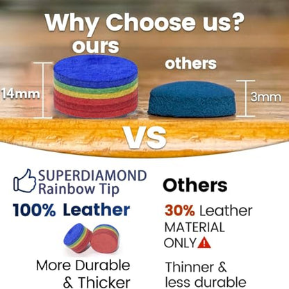 SUPERDIAMOND Pool Cue Tips 14mm, Premium 6-Layer Pig Skin Leather, High Elasticity & Durability Billiard Tips for Pool Sticks and Snooker Cues, Perfect for Professional Players and Beginners - style: Billiard Cue Tips-Rainbow-5pcs