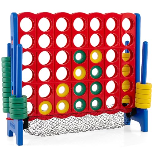COSTWAY Giant 4 to Score Game Set, Jumbo Game Set with Mesh Pocket | Quick-Release Levers & 42 Chess Pieces, 4-in-a-Row Backyard Game for Kids & Adults, Ideal for Indoors & Outdoors - color: With Mesh Pocket