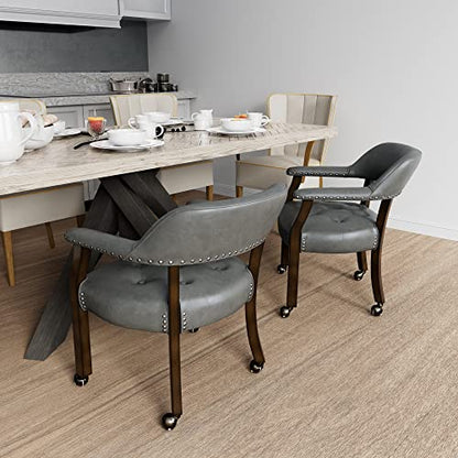 Set of 4 Dining Leather Chairs with Casters & Arms, Accent Captain Chair with Wheels, Roller Wood Wheeled Chairs for Kitchen & Game Poker Table,Espresso&Charcoal Gray 1910DG(NO Table!) - color: Espresso&charcoal Gray