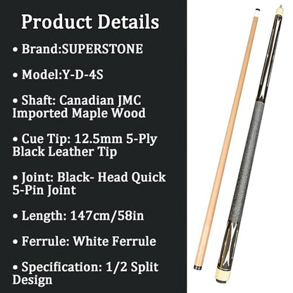 SUPERDIAMOND Pool Cue Stick Set Billiard Cue Sticks with Hard Case, 2-Pieces 58" Pool Table Sticks, 12.5 mm Tip Pool Queue,Pool Stick Set for Home Recreation, Billiards Clubs, Training - style: Billiard Cue Sticks-YMX-Y-D-4S