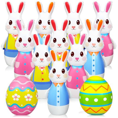 Shappy 12 Pcs 28 Inch Giant Inflatable Easter Bunny Bowling Set with Egg, Inflatable Easter Game for Kids Adults Family, 10 Pins and 2 Balls for Party Toys Indoor Outdoor Holiday Activities
