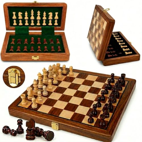 7" Wooden Chess Set with Handmade Magnetic Pieces -Folding Chessboard Portable Travel Tournament Chess Board Games for Kids Play Birthday Gift Items - color: 7 Inch Without Extra Queens