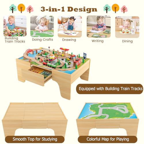 Costzon Train Table, 3-in-1 Wooden Train Set Table w/Reversible 84 PCS Track Train Toys, Table Map & Storage Drawer for Building, Playing, Studying, Kids Activity Table for Toddlers Aged 18 M+ - size: 38" x 24.5" x 15.5" (L x W x H)