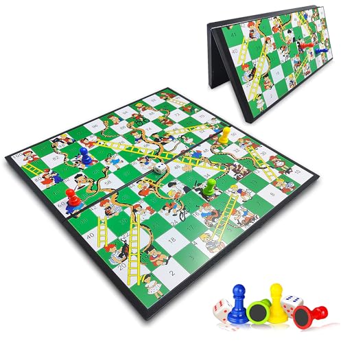 KIDAMI Magnetic Snakes and Ladders Board Game Set, Folding Portable Design, Family Travel Game Set Gift for Kids and Adults (11.2 inch x 11.2 inch)