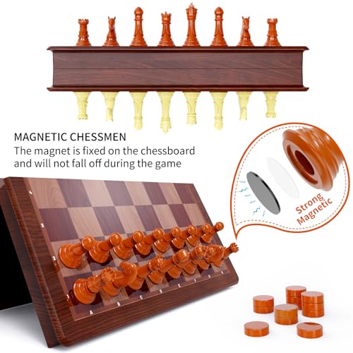 13 Inch Chess Set and Magnetic Chess Board – 2-in-1 Foldable Plastic Travel Board Game, Classic Strategy Toy for Kids, Adults, Beginners and Tournament Players - color: Wood Color