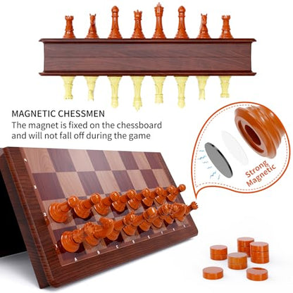 13 Inch Chess Set and Magnetic Chess Board – 2-in-1 Foldable Plastic Travel Board Game, Classic Strategy Toy for Kids, Adults, Beginners and Tournament Players - color: Wood Color