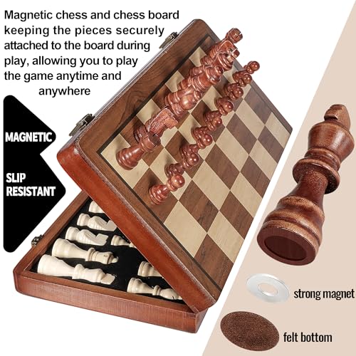 2 in 1 Wooden Chess and Checkers Set - Folding Magnetic Chess Board with Storage Slots, Chess Pieces, Portable Travel Chess Set for Adults & Kids, Includes Carry Bag