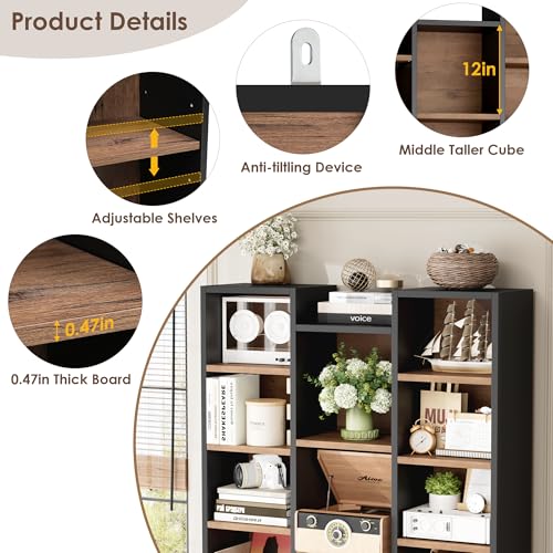 FOTOSOK 71'' Tall Bookshelf with 21 Cubes, 8 Tier Triple Wide Bookshelf with 8 Adjustable Shelves, 35" Large Bookcase DVD/CD Media Tower Storage, Freestanding Display Shelf Cabinet, Black/Brown - color: Black/Brown