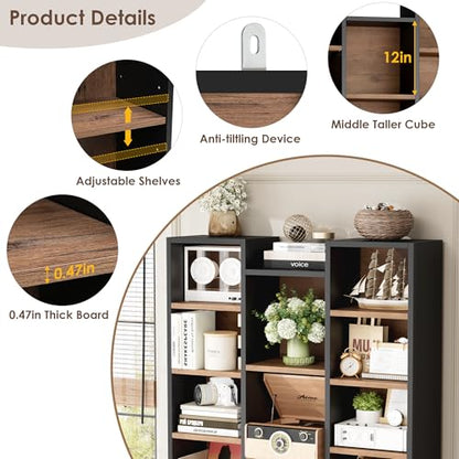 FOTOSOK 71'' Tall Bookshelf with 21 Cubes, 8 Tier Triple Wide Bookshelf with 8 Adjustable Shelves, 35" Large Bookcase DVD/CD Media Tower Storage, Freestanding Display Shelf Cabinet, Black/Brown - color: Black/Brown