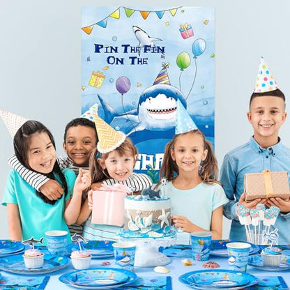 WERNNSAI Pin The Fin on The Shark Party Games - Shark Birthday Decorations Under The Sea Party Game Poster with 24 Pcs Stickers for Kids Birthday Family Classroom Activities - style: Shark