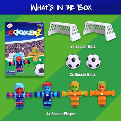Power Your Fun KickerZ Soccer Fidgets Game Set- 8pc Tabletop Soccer Mini Fidget Toys with 4 Players, 2 Goals, 2 Balls, Foosball Spinner Fidget for Kids Teens Adults Sensory Toy Multiplayer Travel Game