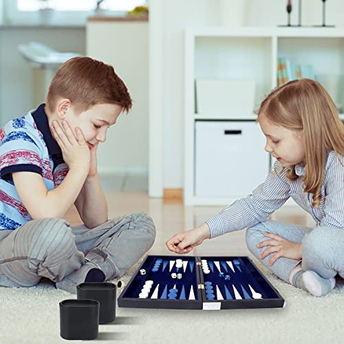 GSE Premium Leather Backgammon Board Game Set, Black&Blue, Small | Premium Leather, Travel Folding Board, Classic Game Set, Leather Case Included - color: Leather-black&blue, size: Small