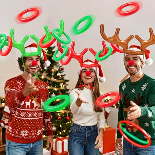 18 Pcs 3 Set Inflatable Reindeer Antler Ring Toss Christmas Party Games Kids Family Toys Stock Stuffer Christmas Activities Decorations Carnival Supplies Gifts Grandkids- 3 Antlers 12 Rings 3 Red Nose