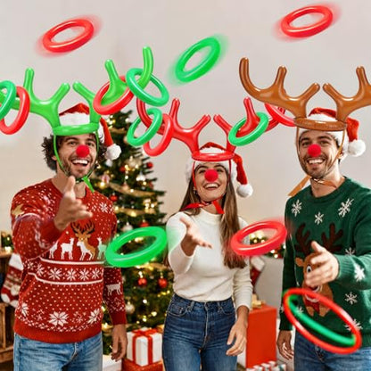 18 Pcs 3 Set Inflatable Reindeer Antler Ring Toss Christmas Party Games Kids Family Toys Stock Stuffer Christmas Activities Decorations Carnival Supplies Gifts Grandkids- 3 Antlers 12 Rings 3 Red Nose