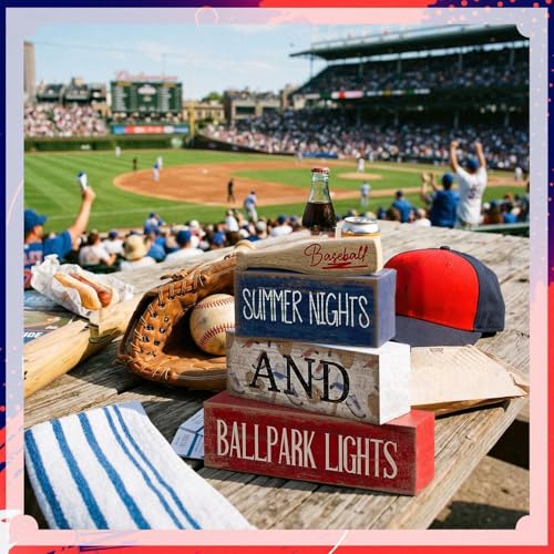 Lineshading 4 Pcs Baseball Decorations Stacked Wooden Blocks Signs with Bat Topper, Summer Nights Ballpark Lights Decor - Baseball Table Decor Ideal Gift for Fans Boys Room Party Coffee Shelf - style: Summer Nights and Ballpark Lights