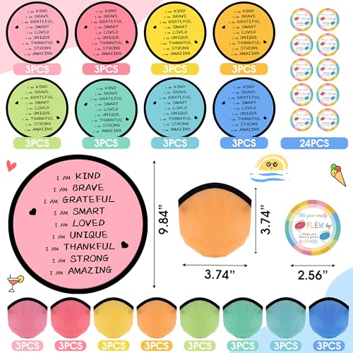End of the Year Gifts for Students Bulk Foldable Flying Disc Fans Set with Stickers Bags, End of Year Student Gifts from Teacher Beach Fun Folding Pocket Hand Fans for Outdoor Activities Games - style: 24 Pcs Inspirational Flying Disc Fans-B