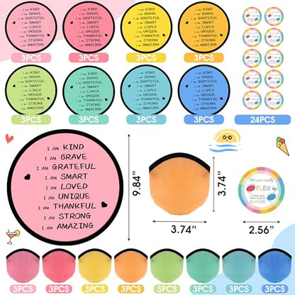 End of the Year Gifts for Students Bulk Foldable Flying Disc Fans Set with Stickers Bags, End of Year Student Gifts from Teacher Beach Fun Folding Pocket Hand Fans for Outdoor Activities Games - style: 24 Pcs Inspirational Flying Disc Fans-B