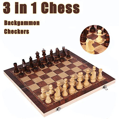 Folding Storage Wooden Chess Board Sets - 3 in 1 Chess Board Game for Adults and Kids (Backgammon, Checkers), Exquisite Wooden Chess Set - size: 13.4x13.4 inches