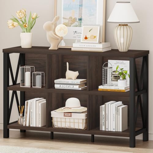 FATORRI 6 Cube Storage Organizer with Shelf, Short Horizontal Bookshelf for Living Room, Wood and Metal Cubby Bookcase, 47 Inch Industrial Low Book Shelf and Book Case (Dark Walnut) - color: Dark Walnut, size: Without Drawer