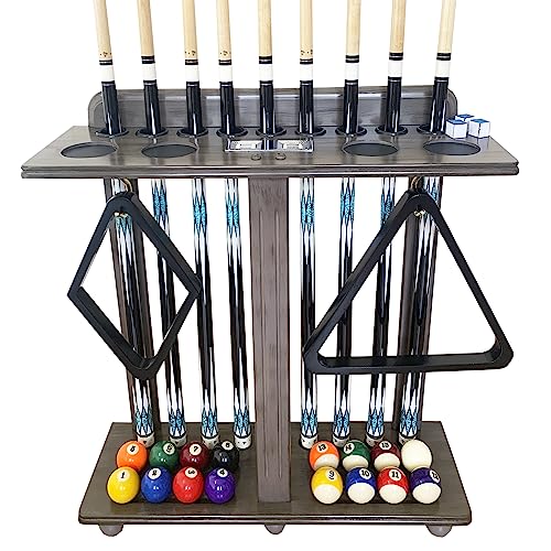 Premium Solid Hardwood Pool Cue Stick Holder Floor Standing - Wooden Billiard Rack forTen Cues and Full Table Accessories, Elegant Durable Storage for Game Room - color: GRAY
