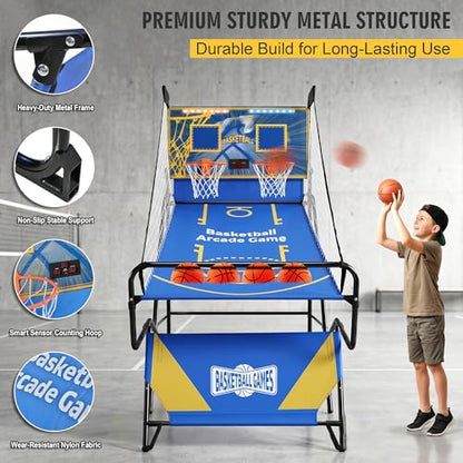 Foldable Indoor Basketball Arcade Game for Kids Teens Home (Blue) | Basketball Shooting Machine, Dual Shot 2 Player with LED Electronic Scorer 4 Balls & Pump for Adults Family Indoor Fun