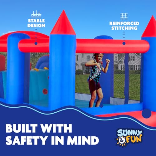 Sunny & Fun Inflatable Bouncy Castle with Dual Slide – Heavy-Duty for Outdoor Fun - Climbing Wall, Slides, Bounce House – Easy to Set Up & Inflate with Included Air Pump & Carrying Case
