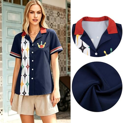 Bowling Shirts Women Hawaiian Bowling Shirt Bowling Lover Gift Tops Bowler Button Down Short Sleeve Tee - color: Blue-p, size: Small