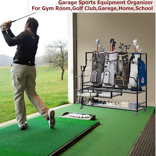 Golf Bag Storage Garage Organizer, Golf Bag Stand Fit for 4 Golf Bags, Golf Clubs, Golf Balls, Golf Equipment Accessories, Golf Bag Storage Rack with Wheels for Garage, Club, Shed, Basement - size: 45.7" L x 42.2 " W x 15.7“ H