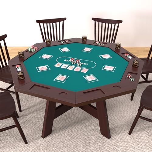 Octagonal Solid Wood Poker Table, 60 Inch 8-Player Casino Style Game Table with Built-in Cup Holders & Felt Playing Surface, Heavy-Duty for Home Game Room, Party & Entertainment