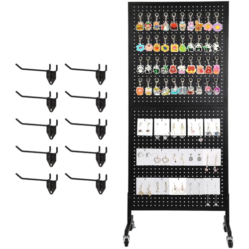 NectaCol 2'x 5' Standing Pegboard Display with T-Base, Pegboard Display Stand with Wheels, Metal Peg Board Display Rack, Art Display Stand, Extra 10 Pieces Hooks - Black - size: 1-Pack Black