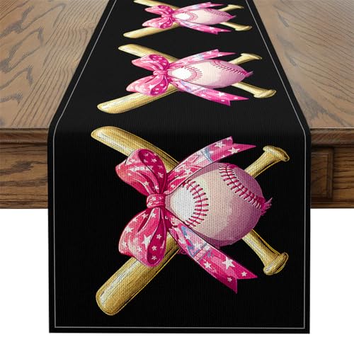 Baseball Table Runner 13X60 Inch,Girly Pink Bowknot Table Runners,Princess Sports Games Table Decoration for Home Party Holiday Decor,Waterproof - size: 60"x13"
