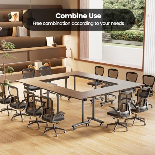 Folding Conference Table with Wheels, Mobile Flip-Top Training Table, Modular Space-Saving Meeting Table for Office, Classroom, Seminar, Library (10, Walnut, 55IN) - color: Walnut, size: 55IN
