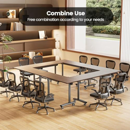 Folding Conference Table with Wheels, Mobile Flip-Top Training Table, Modular Space-Saving Meeting Table for Office, Classroom, Seminar, Library (10, Walnut, 55IN) - color: Walnut, size: 55IN