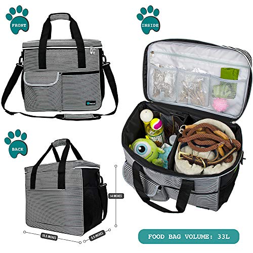 PetAmi Dog Travel Bag Organizer, Pet Travel Kit with 2 Food Containers & 2 Collapsible Dog Bowls, Pet Supplies Tote with Luggage Sleeve, Weekend Road Trip Camping Essentials, Stripe Black, Large - color: Stripe Black, size: 15.5"L x 9.5"W x 14.0"H