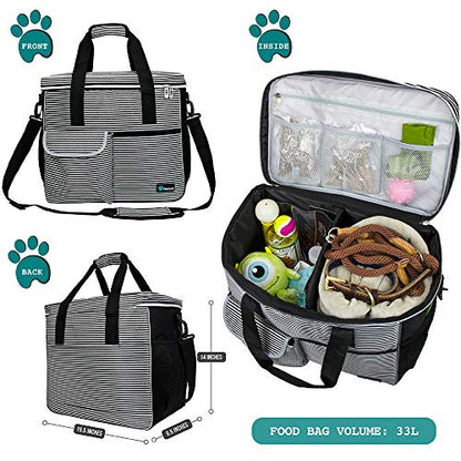 PetAmi Dog Travel Bag Organizer, Pet Travel Kit with 2 Food Containers & 2 Collapsible Dog Bowls, Pet Supplies Tote with Luggage Sleeve, Weekend Road Trip Camping Essentials, Stripe Black, Large - color: Stripe Black, size: 15.5"L x 9.5"W x 14.0"H