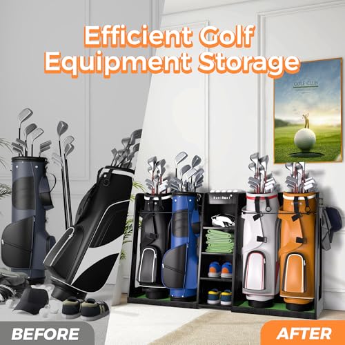 SuniBoxi Golf Organizer for Garage, XL Wooden Golf Bag Storage Rack for 4 Bags, Clubs, Balls & Equipment, Heavy-Duty Golf Bag Holder, Ideal Gift for Golfers, Dad, Husband(4 Bags,Dark Black) - size: 4 Bags